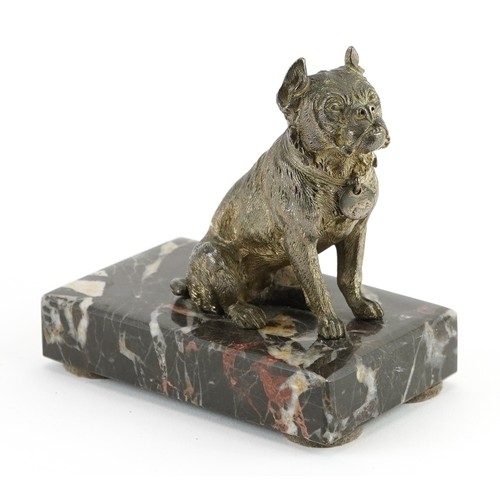 532 - Silver plated model of a seated Pitbull raised on a rectangular marble base, 11cm in length