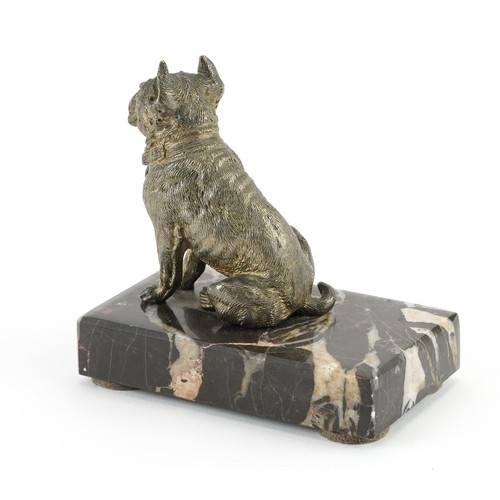 532 - Silver plated model of a seated Pitbull raised on a rectangular marble base, 11cm in length