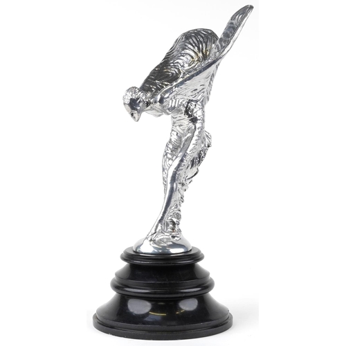 467 - Large automobilia interest silvered metal Spirit of Ecstasy statues raised on a circular black marbl... 