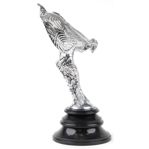 467 - Large automobilia interest silvered metal Spirit of Ecstasy statues raised on a circular black marbl... 