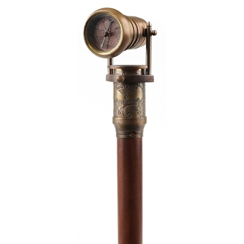 516 - Hardwood walking stick with brass compass and two draw telescope handle, 99cm in length