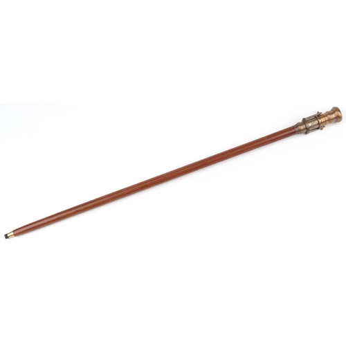 516 - Hardwood walking stick with brass compass and two draw telescope handle, 99cm in length