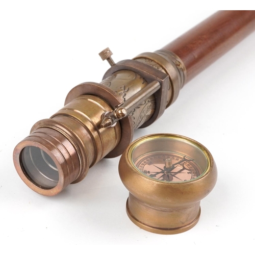 516 - Hardwood walking stick with brass compass and two draw telescope handle, 99cm in length