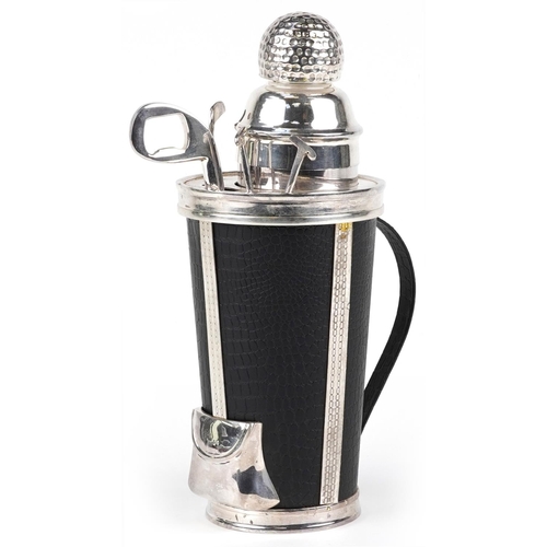 1157 - Silver plated cocktail shaker in the form of golf clubs in a caddy bag, 30cm high