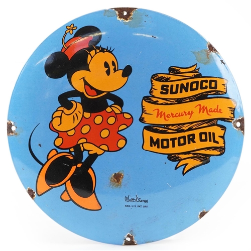 1419 - Automobilia interest Sunoco Motor Oil convex enamel advertising sign with Minnie Mouse, 30cm in diam... 