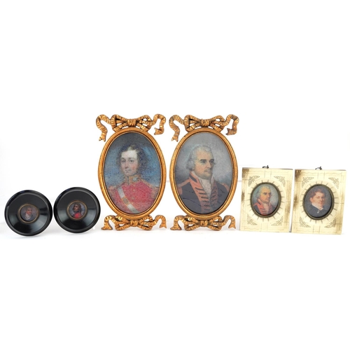 1453 - Three pairs of portrait miniatures with frames including a pair of gilt bow design frames, the large... 