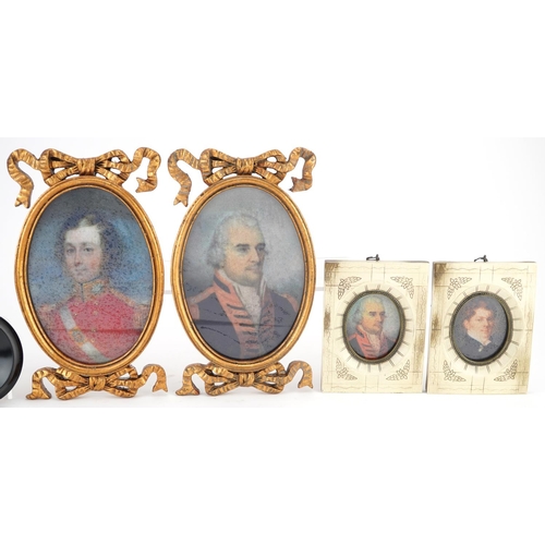 1453 - Three pairs of portrait miniatures with frames including a pair of gilt bow design frames, the large... 