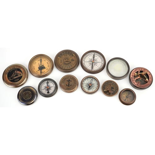 1367 - Six naval interest brass compasses, the largest 8cm in diameter