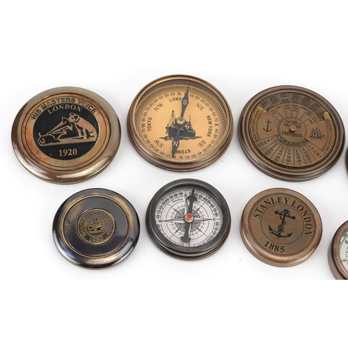 1367 - Six naval interest brass compasses, the largest 8cm in diameter