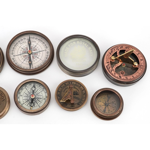 1367 - Six naval interest brass compasses, the largest 8cm in diameter