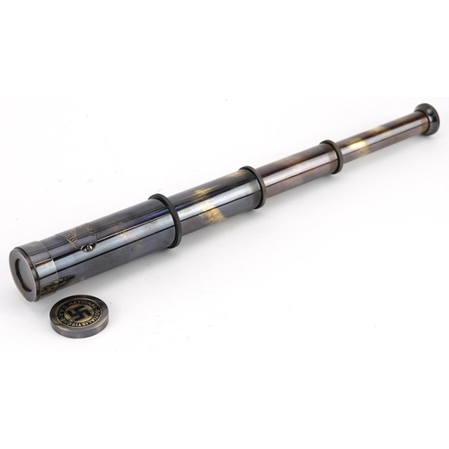 1417 - Brass three draw pocket telescope, 40cm in length extended