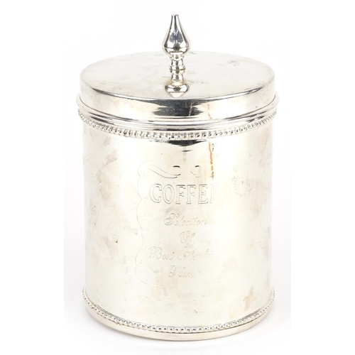 1512 - Silver plated cylindrical jar and cover, 20cm high