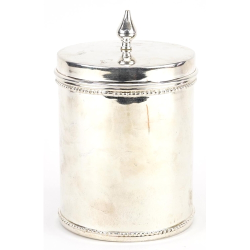 1512 - Silver plated cylindrical jar and cover, 20cm high