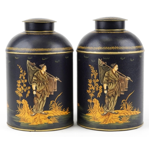 510 - Pair of large Toleware cannisters decorated in the chinoiserie manner with fishermen, 36cm high