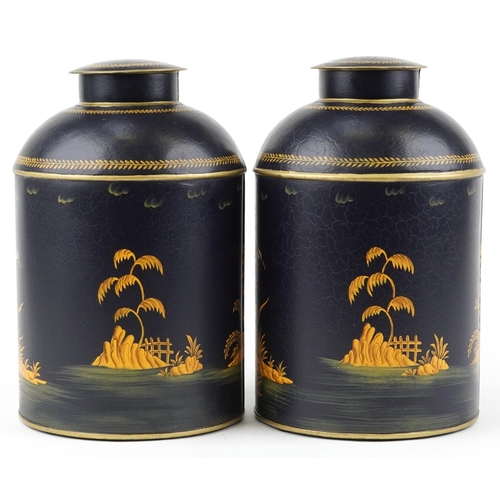 510 - Pair of large Toleware cannisters decorated in the chinoiserie manner with fishermen, 36cm high