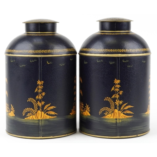 510 - Pair of large Toleware cannisters decorated in the chinoiserie manner with fishermen, 36cm high