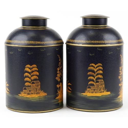 510 - Pair of large Toleware cannisters decorated in the chinoiserie manner with fishermen, 36cm high