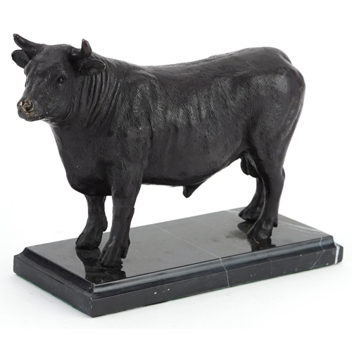 495 - Patinated bronze study of a bull raised on a black marble base, 26cm in length