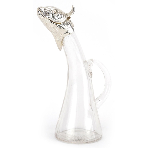 1313 - Silver plated and glass claret jug in the form of a fish, 24cm high