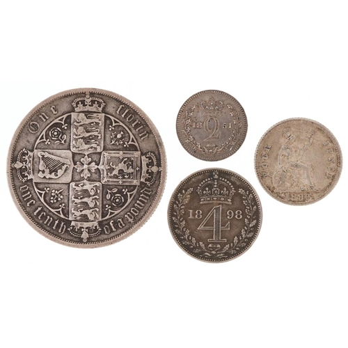 1639 - Victorian coinage comprising Gothic florin, 1851 Maundy twopence, 1898 Maundy fourpence and 1886 fou... 