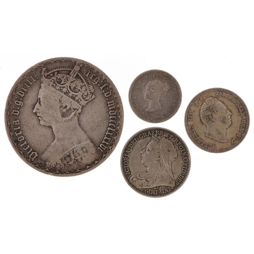 1639 - Victorian coinage comprising Gothic florin, 1851 Maundy twopence, 1898 Maundy fourpence and 1886 fou... 