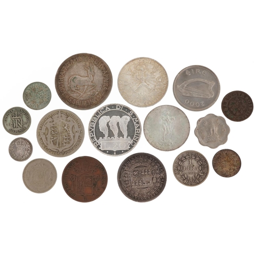 1638 - British and world coinage including an Irish penny, South African 1848 five shillings, and 1887 half... 