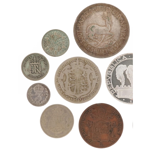 1638 - British and world coinage including an Irish penny, South African 1848 five shillings, and 1887 half... 