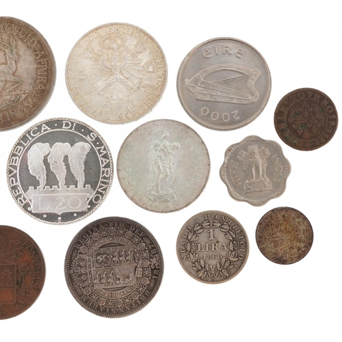 1638 - British and world coinage including an Irish penny, South African 1848 five shillings, and 1887 half... 