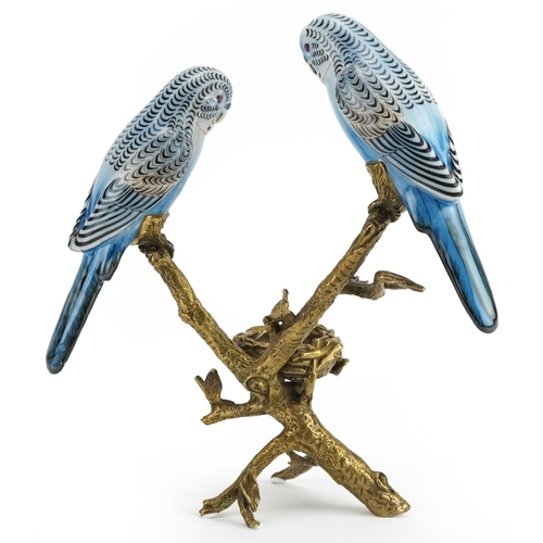 465 - European patinated bronze and porcelain candle holder in the form of two budgies on a branch with a ... 