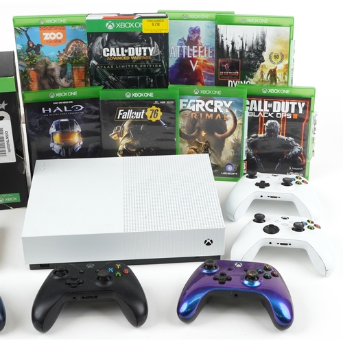 1620 - Microsoft Xbox One S Digital Edition games console with five controllers, collection of games and As... 