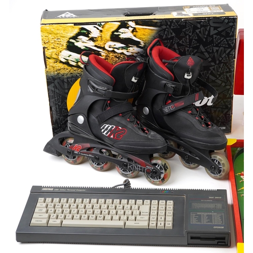 1592 - Vintage toys and a pair of K2 Kinetic 80 roller boots, size 9, including Amstrad 128 computer, Compu... 