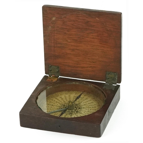 358 - Early 19th century mahogany travelling compass with hinged lid, 8cm wide