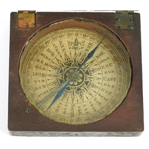 358 - Early 19th century mahogany travelling compass with hinged lid, 8cm wide