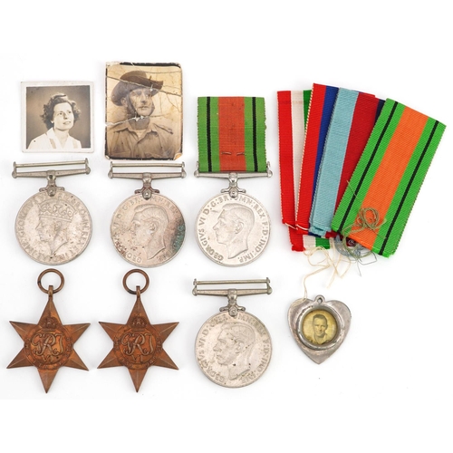 613 - Six British military World War II medals, love heart sweetheart pendant and two photographs