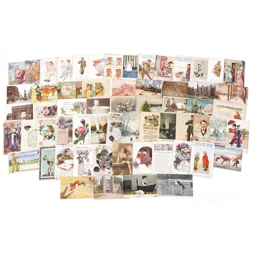 1723 - Collection of predominantly comical and greetings postcards including military interest sweetheart e... 