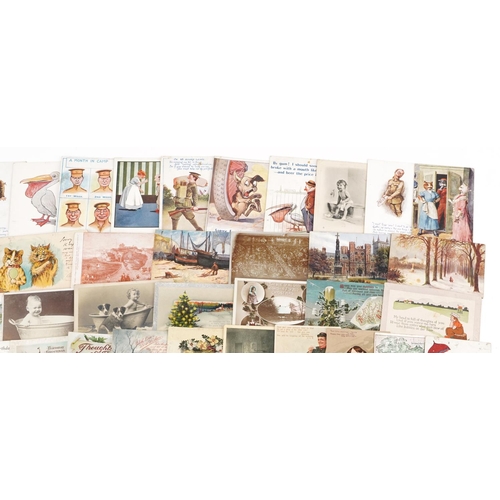 1723 - Collection of predominantly comical and greetings postcards including military interest sweetheart e... 