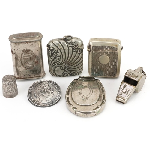 296 - Sundry items comprising French five franc money clip, four vestas, silver thimble and an Acme whistl... 