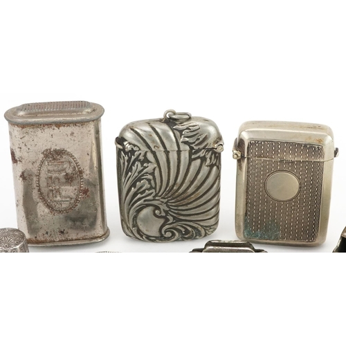 296 - Sundry items comprising French five franc money clip, four vestas, silver thimble and an Acme whistl... 