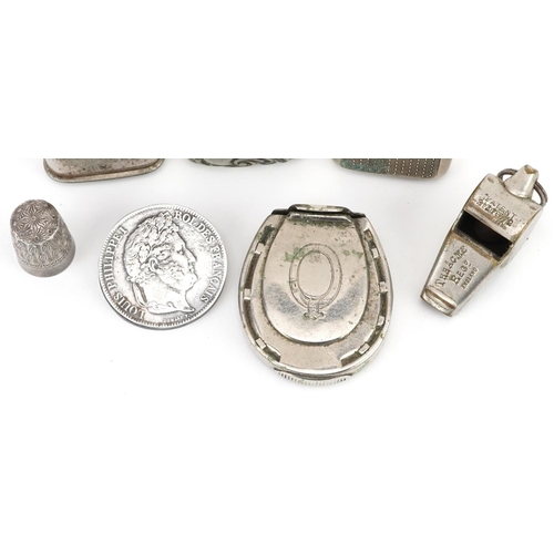 296 - Sundry items comprising French five franc money clip, four vestas, silver thimble and an Acme whistl... 