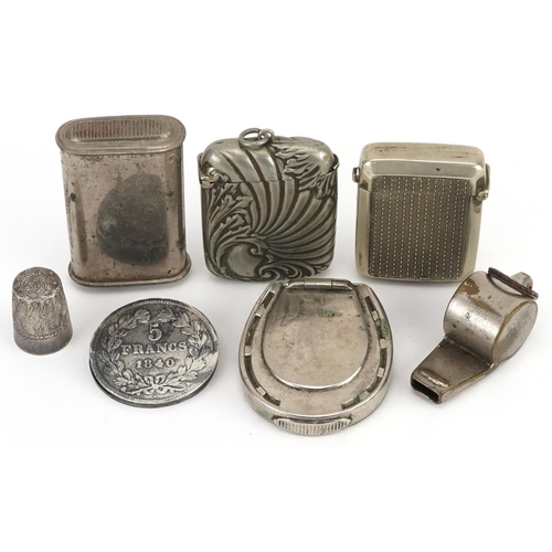 296 - Sundry items comprising French five franc money clip, four vestas, silver thimble and an Acme whistl... 