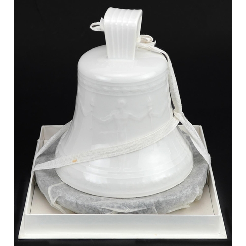 355 - KPM, German porcelain bell with stand, paperwork and box, 12cm high