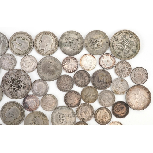 1643 - British pre decimal, pre 1947 coinage including shillings and threepences, 195g