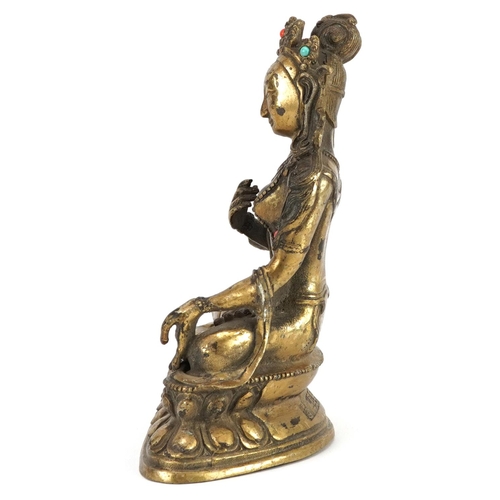 337 - Chino Tibetan patinated bronze figure of seated Buddha with cabochons, character marks to the revers... 