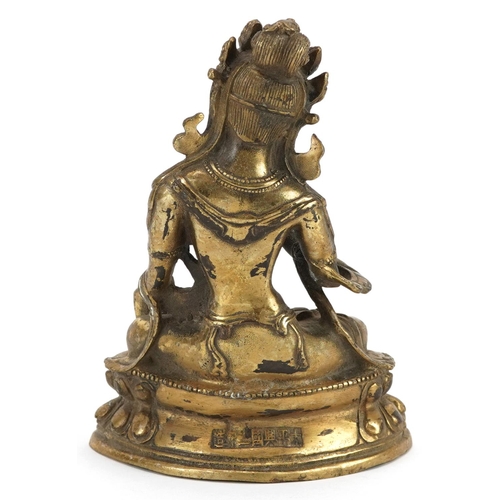 337 - Chino Tibetan patinated bronze figure of seated Buddha with cabochons, character marks to the revers... 