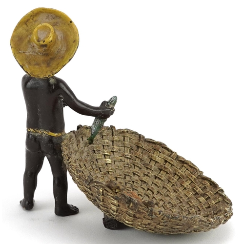 143 - Austrian style cold painted bronze model of a boy holding a fish beside a basket with lobster, 11cm ... 