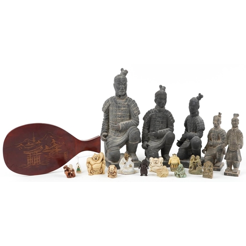 1324 - Chinese sundry items including terracotta army and okimonos, the largest 35.5cm high