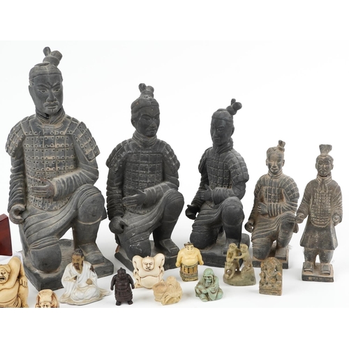 1324 - Chinese sundry items including terracotta army and okimonos, the largest 35.5cm high