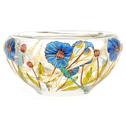 1381 - Double walled art glass bowl hand painted with dragonflies amongst flowers, 25.5cm in diameter