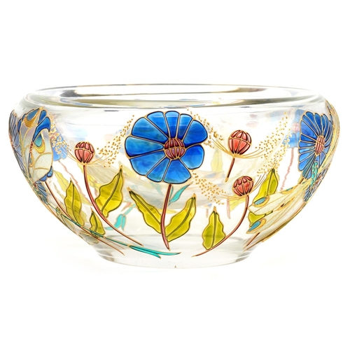 1381 - Double walled art glass bowl hand painted with dragonflies amongst flowers, 25.5cm in diameter