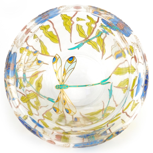 1381 - Double walled art glass bowl hand painted with dragonflies amongst flowers, 25.5cm in diameter